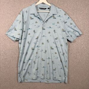 Travis Mathew Men Large Golf Polo Shirt Going Rogue Parrots Pelicans Sharks Blue